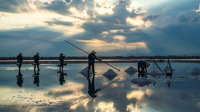 Salt harvesting by traditional farmers at Hon Khoi salt fields, Nha Trang, Vietnam