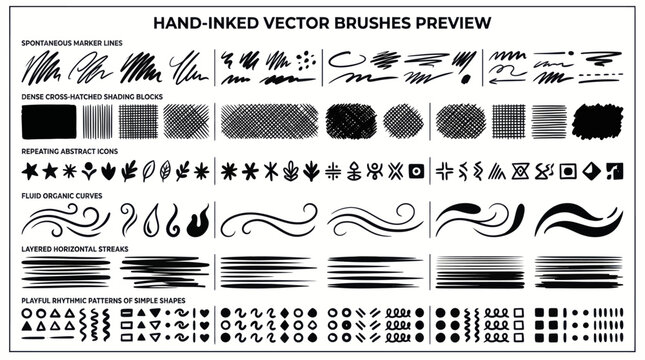 Hand Inked Vector Brushes Collection for Graphic Design.