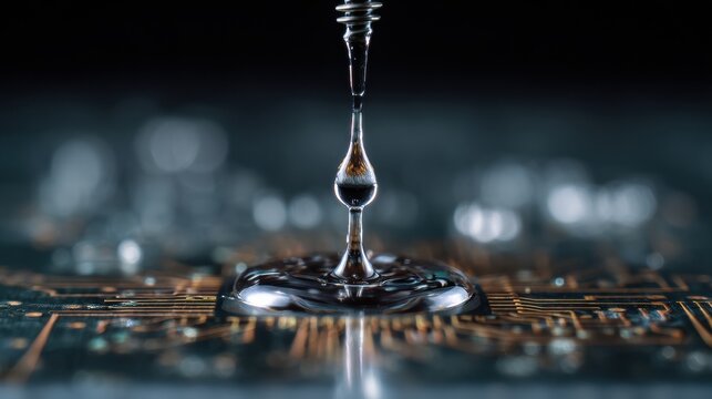 Golden droplet landing on circuit surface creating concentric ripple and reflective halo, highcontrast macro scene, lab inspection vibe with technician diagnostic role implied, focus on wetting,