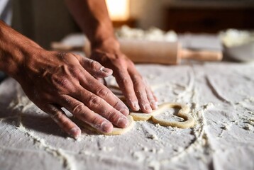 Fototapeta premium Hands are kneading dough on a flour-dusted table in a rustic kitchen.