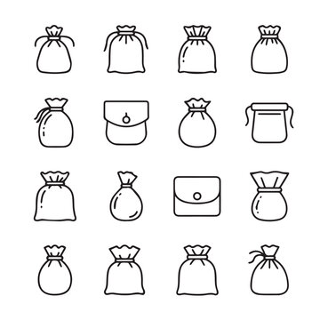 Various drawstring bags and pouches icon set simple outline vector illustration