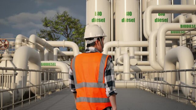 Back of Asian Male Engineer Walking at Modern Biodiesel Production Facility with Industrial Piping and Storage Tanks