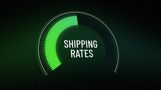 Futuristic digital gauge fills up, rising shipping rates, freight costs and logistics expenses increasing, delivery fees surge impacting global trade, supply chain inflation, Copy space.