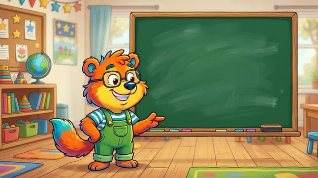 Cute cartoon teacher bear with glasses pointing to an empty green chalkboard in a bright preschool classroom