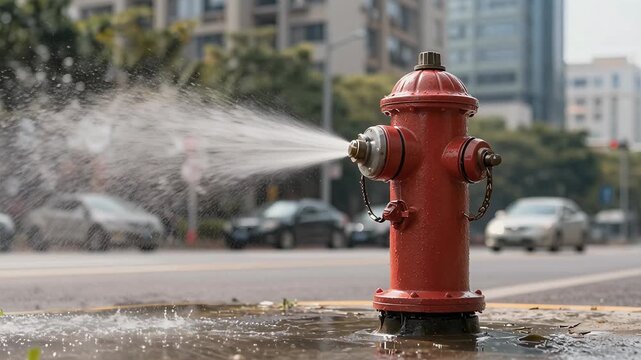 Water Spraying from Red Fire Hydrant in Urban Environment