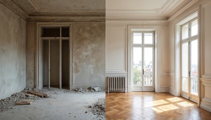 Fototapeta premium Parisian apartment before and after renovation. Dusty construction site contrasts with elegant finished interior, showing transformation progress. Room gets new life, old becomes new.