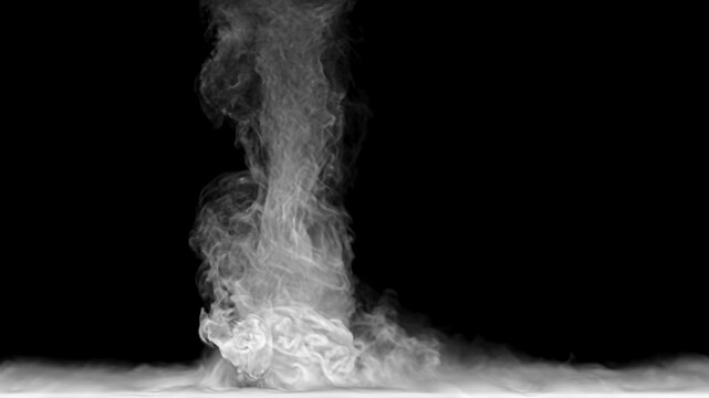 Dynamic column of wispy smoke rising from the ground like a tornado or whirlwind on a black background