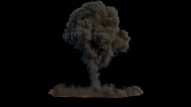 Large dark plume of smoke from a nuclear blast rises upwards with a shockwave cloud spreading on the ground on a Black Background