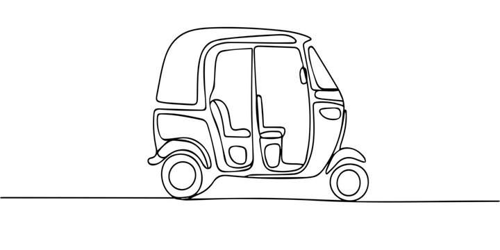 Continuous one line drawing of a tuk tuk rickshaw, Tuk Tuk One Line Drawing. Simple vector sketch of a classic Bajaj vehicle, Continuous one line drawing of asian three-wheeled motor vehicle.