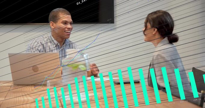 Woman reaching pen, man taking paper, pointing, cyan bars rising over table, handshake closing Q4