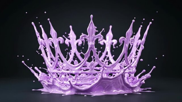 Abstract purple liquid splash forming a majestic royal crown with ornate fleur de lis shapes on a dark background