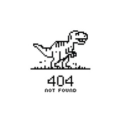 Pixelated t rex dinosaur illustration with a 404 not found error message © MDMINTU