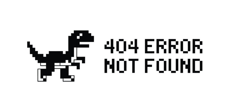 Pixelated dinosaur illustration accompanies a 404 error not found message