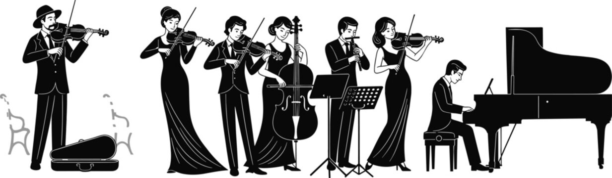 Classical Music Orchestra Silhouette Set with Violinists and Pianist Performing on Stage, Elegant Concert and Instrument Performance Illustration