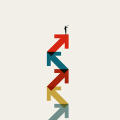 Fototapeta na wymiar Minimal vector concept illustration of a businessman climbing colorful zig zag arrows. Represents corporate business growth, career ambition, and leadership success aiming for professional motivation.