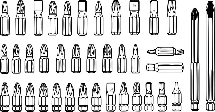 Black and White Line Art Illustration of Assorted Screwdriver Bits and Handles, Construction Tool Set