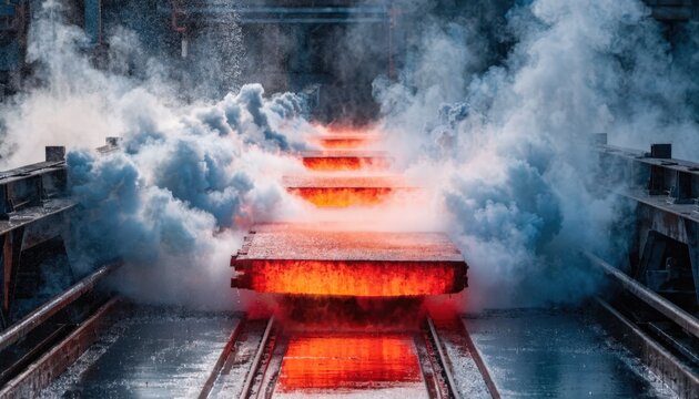 Close medium shot capturing the intense steam cloud around moving redhot slabs on a runout conveyor focusing on the cooling effect and manufacturing power.
