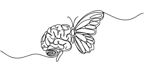 brain with butterfly continuous one line drawing, Butterfly emerging from a brain in one line drawing. Personal transformation in psychology, Butterfly emerging from a brain in continuous one line © DESIGN LINE