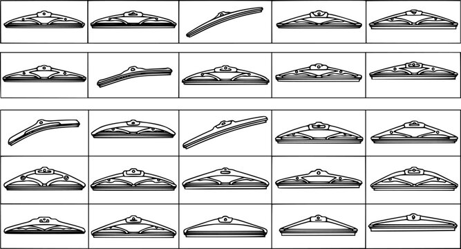 Automotive Windshield Wiper Blades Vector Line Art Set. Diverse Collection of Car Wiper Types and Connectors for Auto Parts Industry.