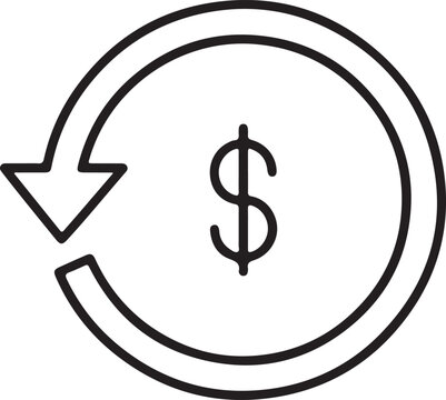 Clean icon illustrating refund process with return arrow and currency symbol. Perfect for eCommerce,