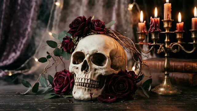 Human skull with dark red rose crown and brass candelabra with burning candles in a moody gothic setting