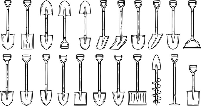 Black and White Line Art of Various Shovels and Digging Tools for Gardening and Construction