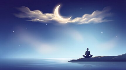 Naklejka premium Illustration of a person meditating by the water under a crescent moon and clouds, promoting sleep hygiene and relaxation concepts for design