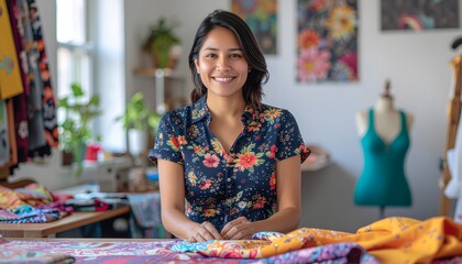 Fototapeta premium Confident young woman, small business owner, entrepreneur smile at her sewing creative studio
