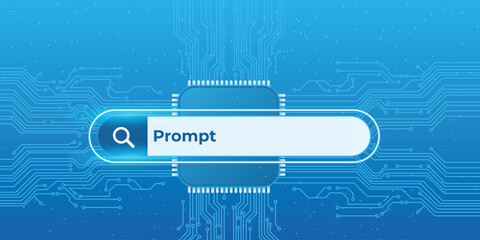 A futuristic search bar on a blue circuit board background with a glowing effect © Tonmoy
