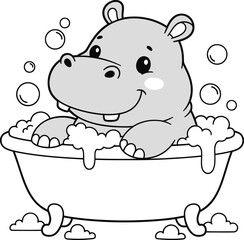 Fototapeta premium Cute cartoon hippo sitting in a bathtub with soap bubbles and water playful bathroom scene