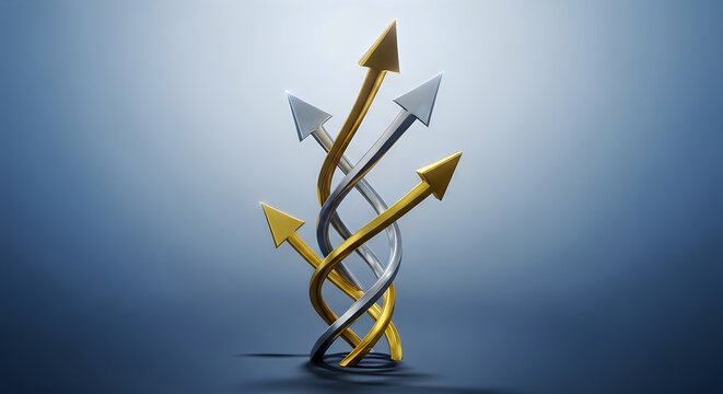 3D arrows twisted together in gold silver and white