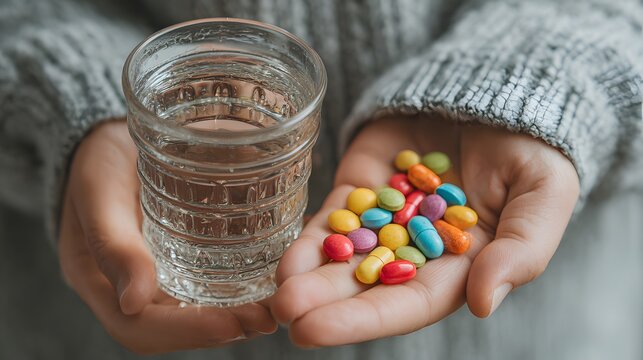 A person's hands holding a handful of colorful pills and a glass of water.