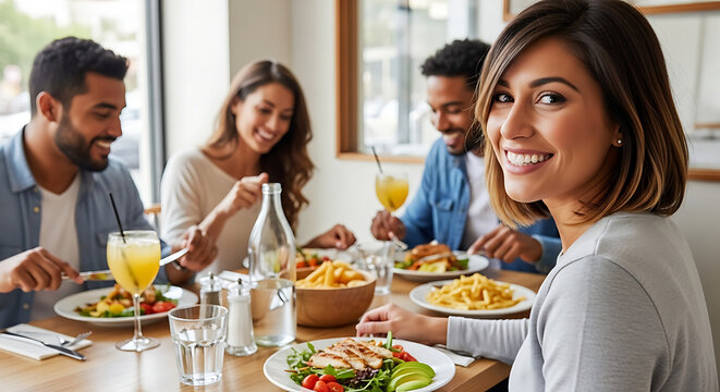 Radiant happy woman enjoying social lunch with diverse friends at a sunny bistro table, sharing a joyful moment and healthy meal in a cozy casual restaurant setting during a weekend gathering.