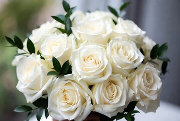 Obraz premium A bouquet of white roses rests on a dark surface.