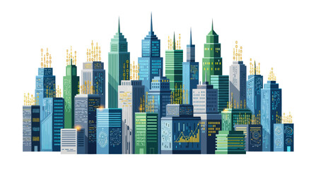 Fototapeta premium Digital Cityscape with Binary Data Streams and Futuristic Architecture