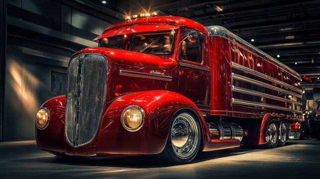 Vintage Red Semi Truck in Warehouse.