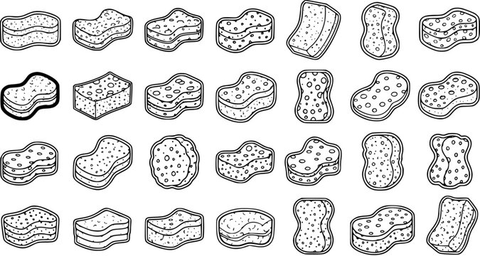 Hand Drawn Black and White Line Art Doodle Collection of Cleaning Sponges for Household and Hygiene Tasks