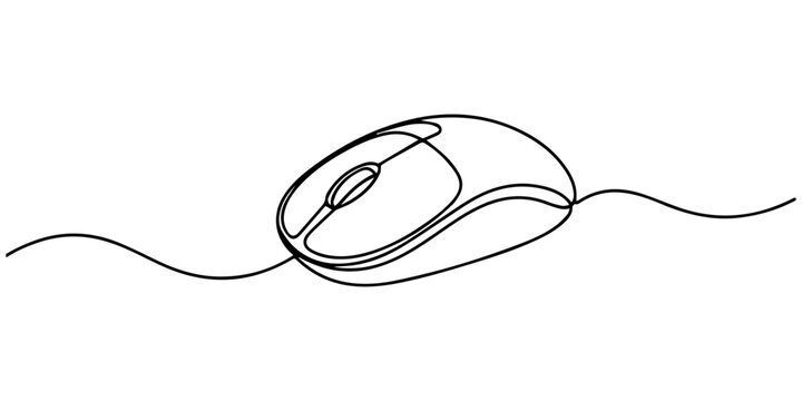 Continuous line drawing of a computer mouse with cord, Minimalist single line drawing of a computer mouse with a cable. one line Icon drawing with white background, Computer mouse continuous one line