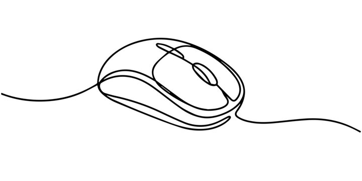 Continuous line drawing of a computer mouse with cord, Computer mouse continuous one line drawing, Single line art illustration white background, Drawn continuous one line computer mouse logo