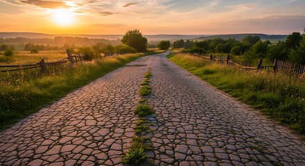 Fototapeta premium Old village road with uneven cracked pavement, warm sunset lighting, rural landscape background highlighting aging infrastructure and peaceful countryside atmosphere.