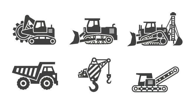 Heavy Machinery Equipment Icons Set Illustration.