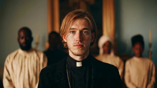 Young man in formal clothing standing in church interior with serious expression capturing spirituality ritual atmosphere and cultural tradition in solemn environment