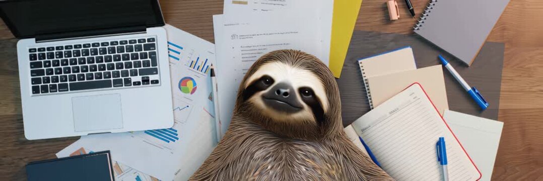 Funny sloth lying on office desk with laptop and paperwork and copy space, lazy work video banner background, procrastination productivity and business humor concept.