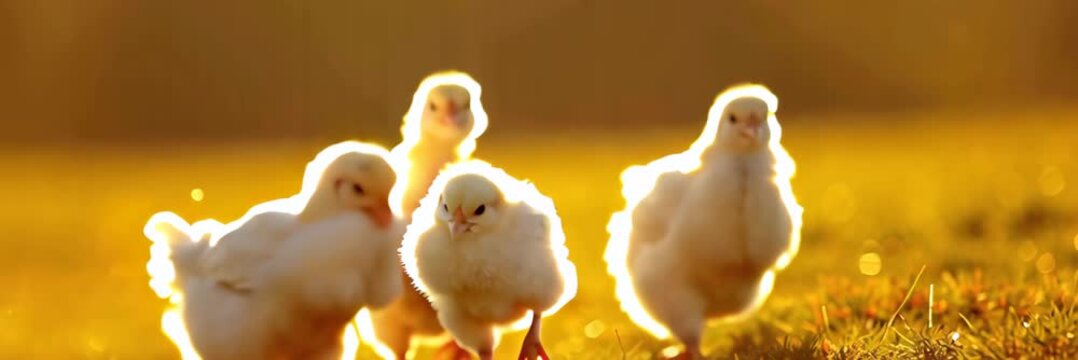 Cute chicks standing on grass in warm sunlight with copy space, spring nature video banner background, easter holiday and farm life concept.