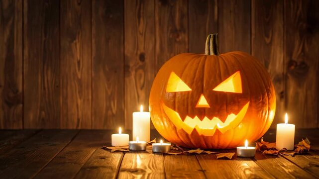 Carved glowing Halloween jack o lantern pumpkin with lit candles and autumn leaves on rustic wooden background