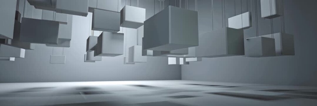 Abstract floating cubes in minimal futuristic interior with copy space, technology architecture video banner background, digital innovation and modern design concept.