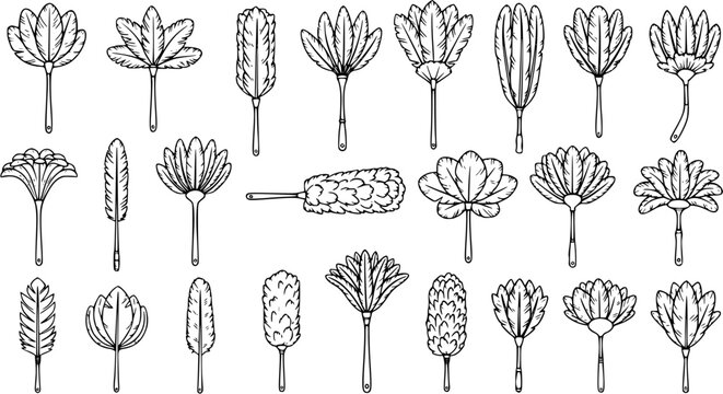 Black and White Line Art Collection of Feather Dusters, Various Styles