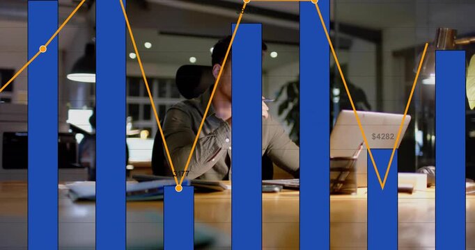 Analyst typing on laptop, checking phone, making blue bars rising, orange line plotting for finance