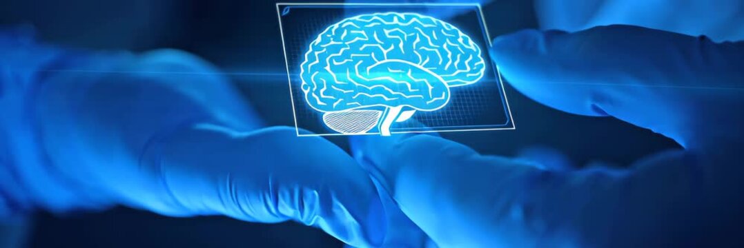 Digital brain hologram in hands with copy space, artificial intelligence technology banner video background for website header and landing page.