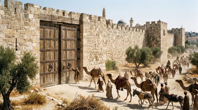 Man opens ancient city gate as camel caravan approaches a historic stone wall with Middle Eastern architecture, for historical re-enactment